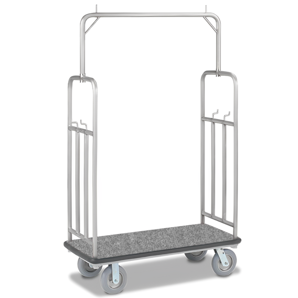 Hotel & Condo Bellman Luggage Cart Stainless Steel Trolley - Sliver Plated with Crowned Top