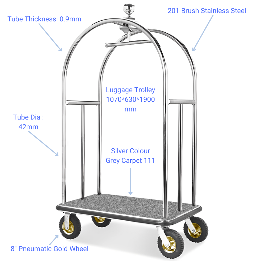 Luxury Birdcage Bellman Cart - Chrome - Measurements