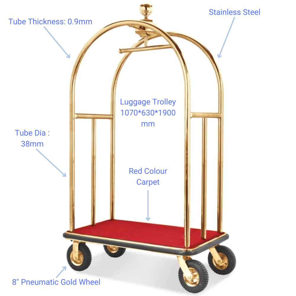Luxury Birdcage Bellman Cart - Gold - Measurements