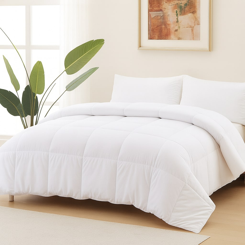 Lightweight white duvet insert neatly folded on a bed for hotel and hospitality use