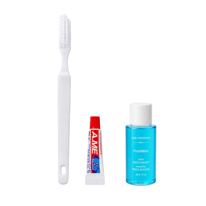 Hotel dental amenity kit with individually sized toothbrush, toothpaste and FreshMint mouthwash for hotels, motels, resorts and guest rooms.