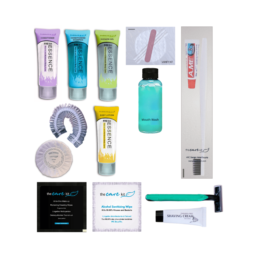 Travel sized amenity sets for hotels, Airbnb, and resorts ideal for bulk hotel toiletries and guest supply orders 