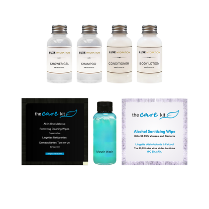 Travel size amenity sets for hotels, Airbnb, and resorts ideal for bulk hotel toiletries and guest supply orders 