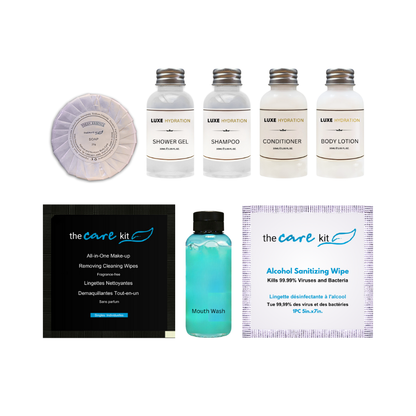 Travel size amenity sets for hotels, Airbnb, and resorts ideal for bulk hotel toiletries and guest supply orders 