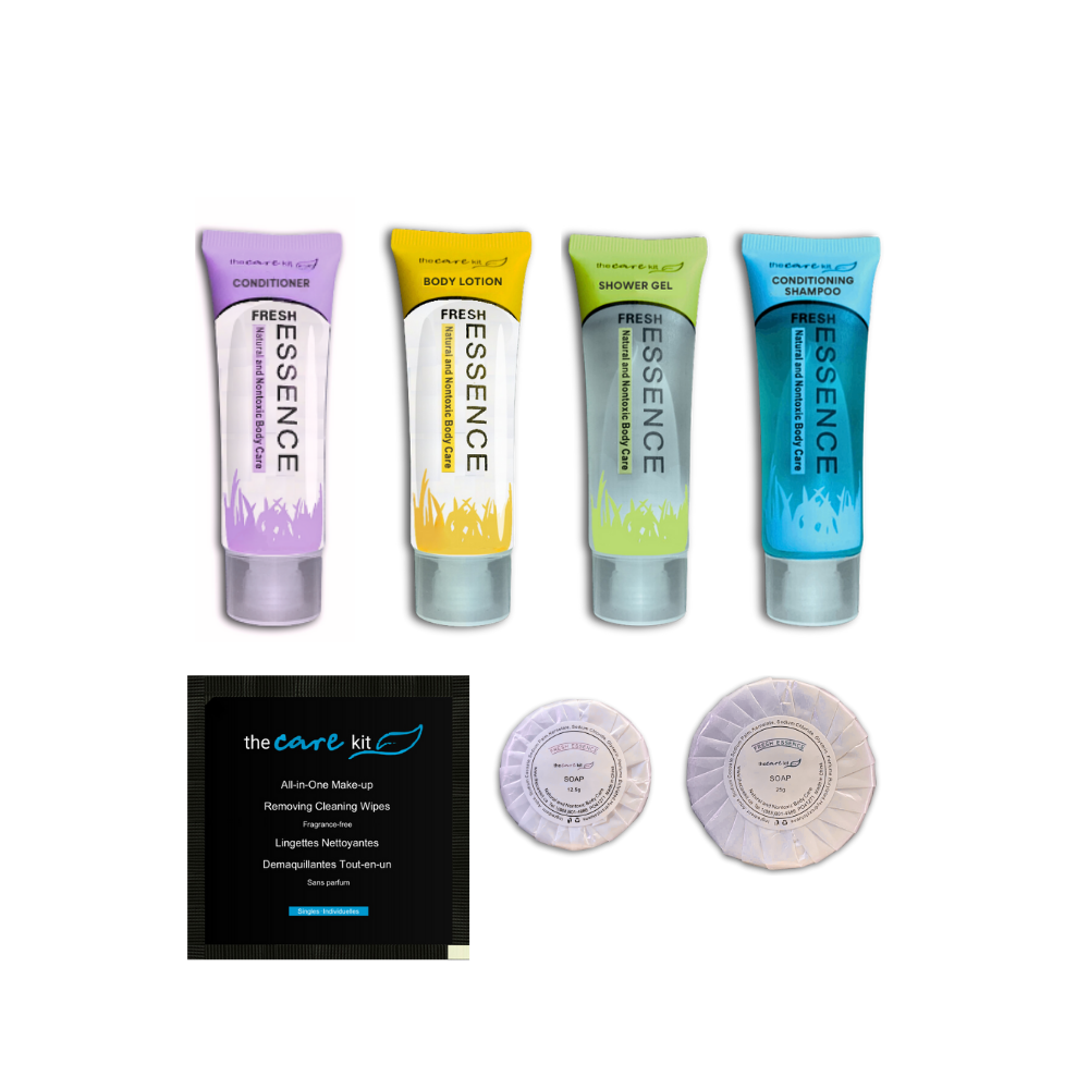 Premium Hotel Amenity Kit - Combo of Shampoo, Shower Gel, Body Lotion, Conditioner, Soaps, and Make-up Wipes.