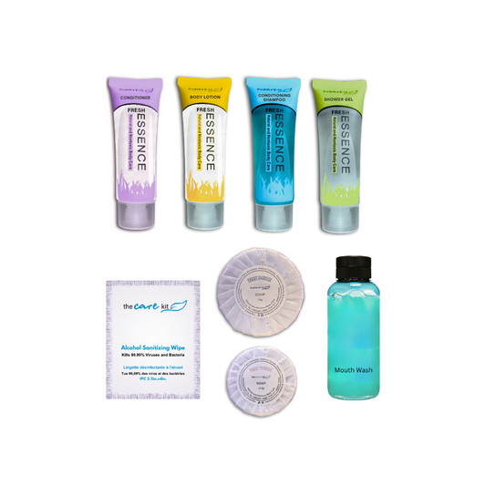 The care kit Combo 7 - Includes Conditioner, Body Lotion, Conditioning Shampoo, Shower Gel, Alcohol Sanitizing Wipe, 2 Soaps, and Mouth Wash