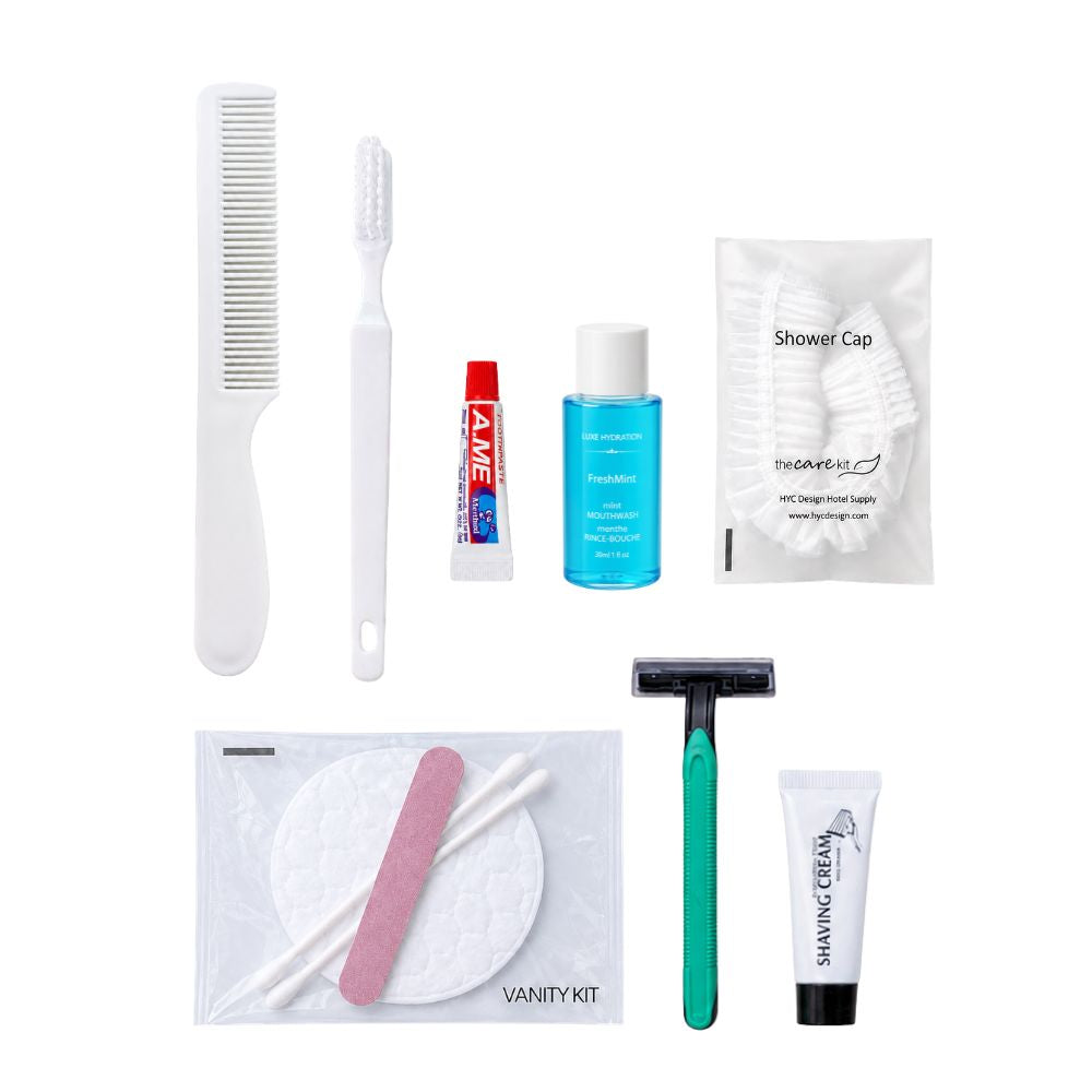 Complete travel grooming kit with toothbrush, toothpaste, mouthwash, shower cap, shaving set, vanity kit and comb.
