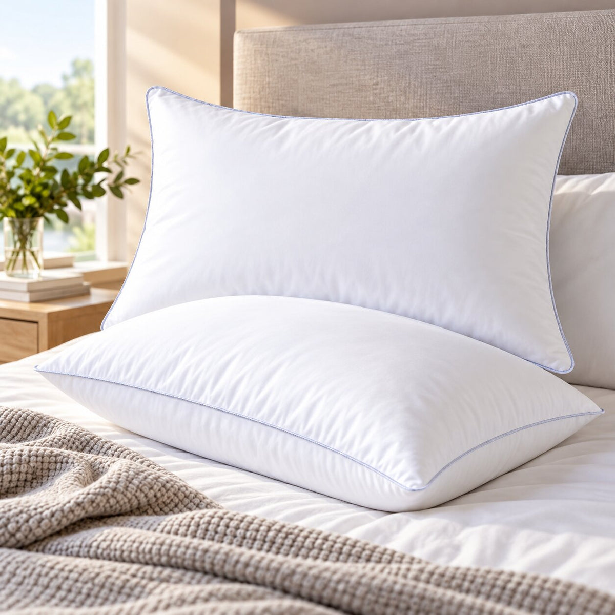 Two supportive white firm bed pillows with elegant blue piping, set on an upholstered headboard bed with textured linens and a cozy throw blanket.