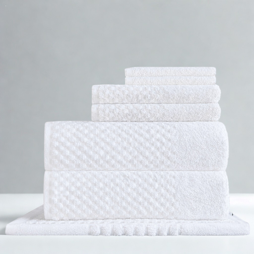 Plush cotton bath towel with a square pattern, designed for comfort, durability, and a spa-inspired feel