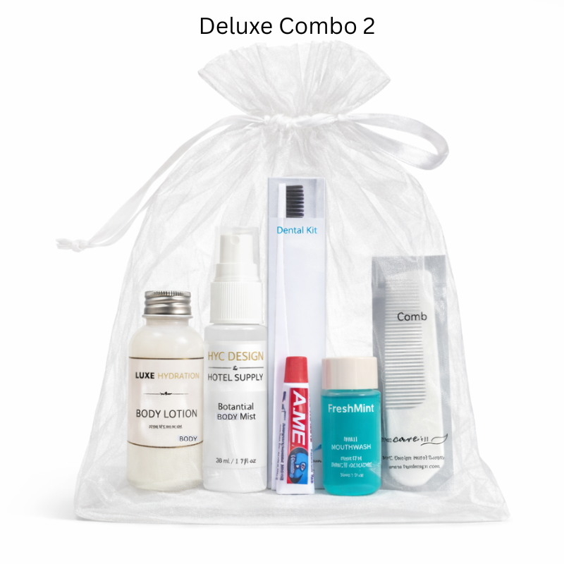 Deluxe combo with body mist, dental kit, plastic hair comb, mouthwash and luxe hydration body lotion. Perfect for hospitality use.