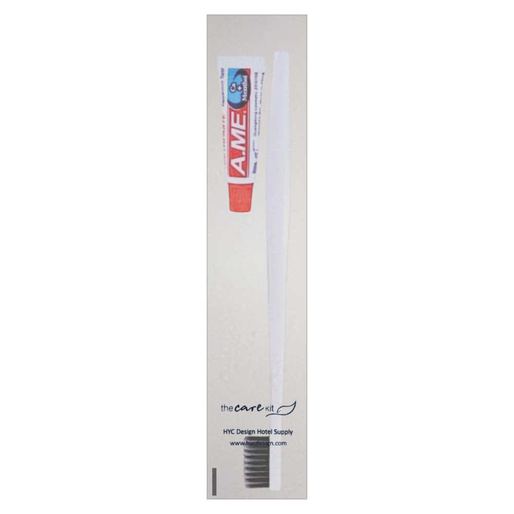 Hotel room hygiene products Dental Kit with an ergonomic toothbrush and fluoride toothpaste for effective cleaning and plaque reduction.