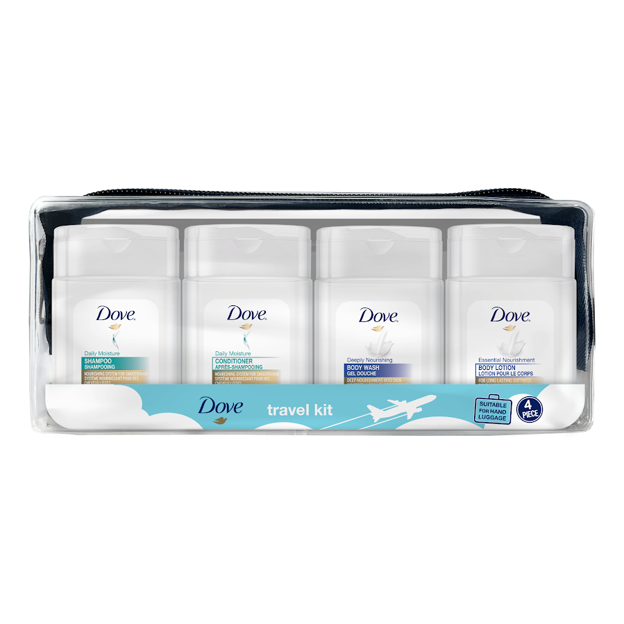Dove 30 mL travel essentials kit with shampoo, conditioner, body wash and body lotion in a clear zippered travel pouch.
