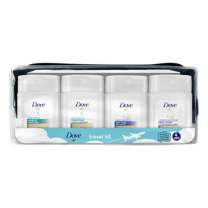 Dove 30 mL travel essentials kit with shampoo, conditioner, body wash and body lotion in a clear zippered travel pouch.