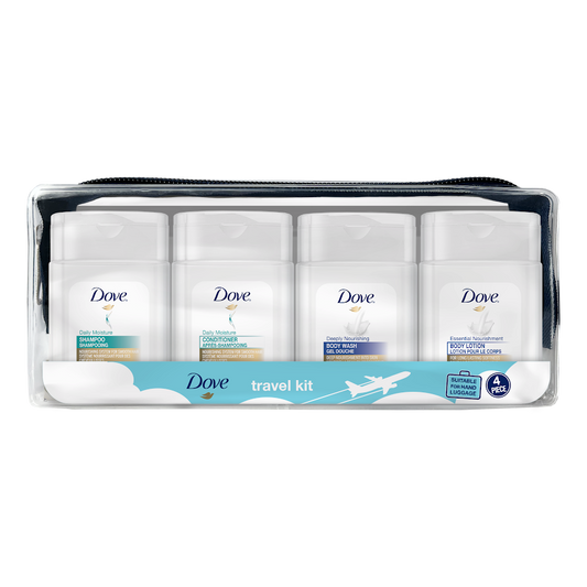 Dove 30 mL travel essentials kit with shampoo, conditioner, body wash and body lotion in a clear zippered travel pouch.