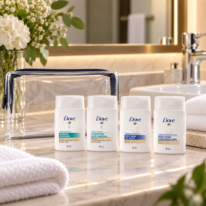Dove 30 mL shampoo, conditioner, body wash and body lotion displayed in a modern hotel bathroom with clear travel pouch.