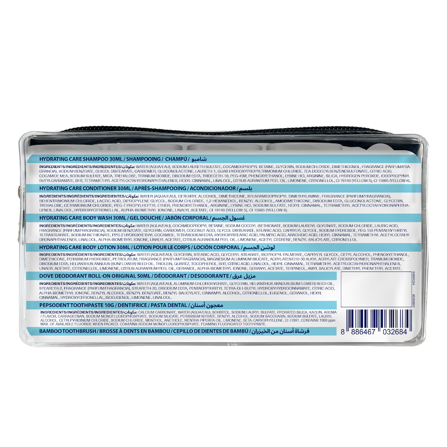 Back of Dove 30 mL travel kit showing multilingual ingredient information, product details and barcode on the clear toiletry pouch.