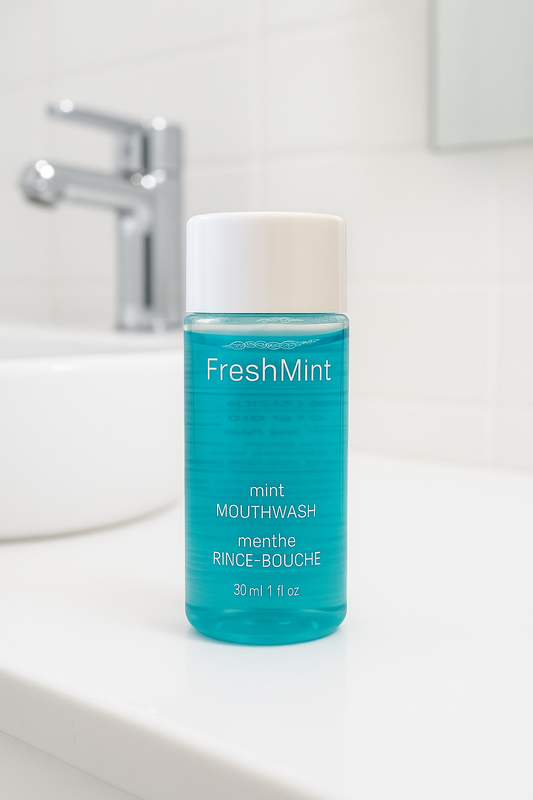 30ml fresh mint mouthwash for hotels and Airbnb bathrooms. Ideal for guest use and personal care amenity kits.