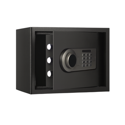 Grey safe box with digital keypad designed for reliable storage.