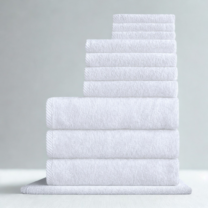 Cotton towels styled for a calm spa-like bathroom setting, combining elegance, comfort, and durability