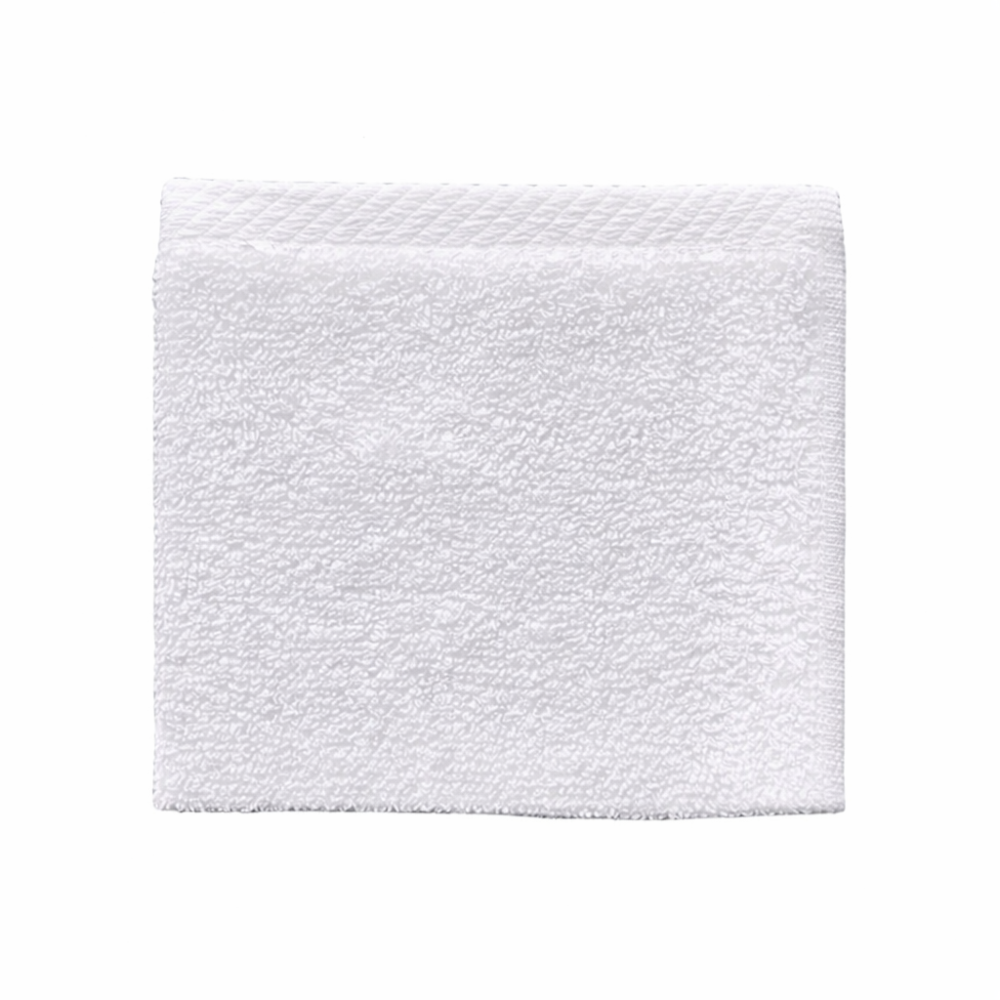 Thick white washcloth displayed flat, highlighting a dense weave, smooth finish, and durable, spa-like feel