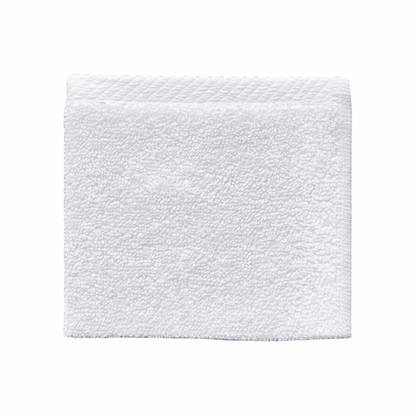 Thick white washcloth displayed flat, highlighting a dense weave, smooth finish, and durable, spa-like feel