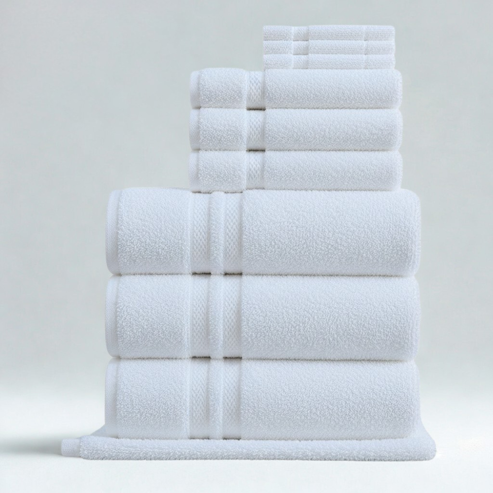 White cotton towels arranged in a clean bathroom setting for a fresh, spa-like atmosphere