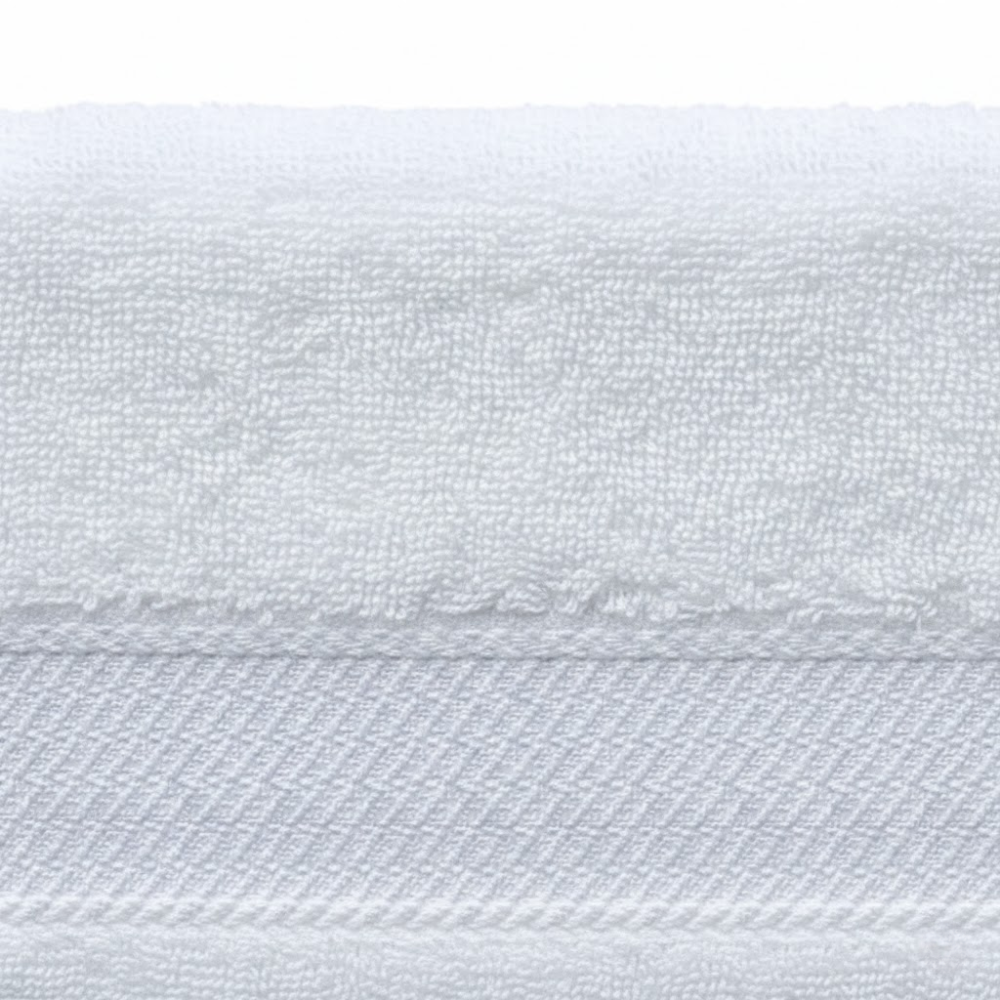 Close-up of bath towel fabric highlighting dense cotton loops and a smooth, luxurious finish