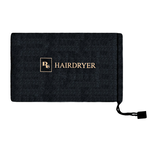 Black drawstring hair dryer bag with gold logo. Perfect for hotels resort and travel use.
