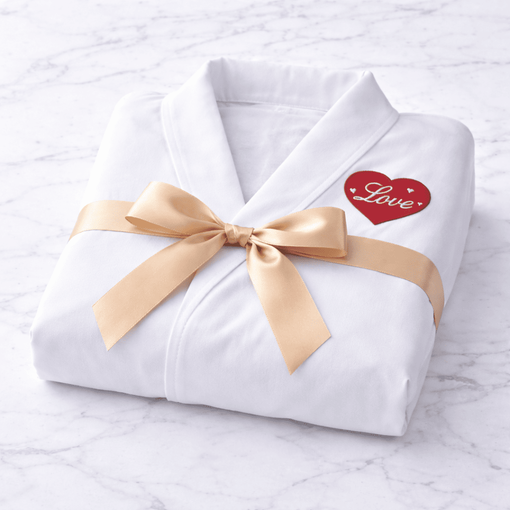 White bathrobe with red heart embroidery, made with premium microfiber. Perfect for hospitality use