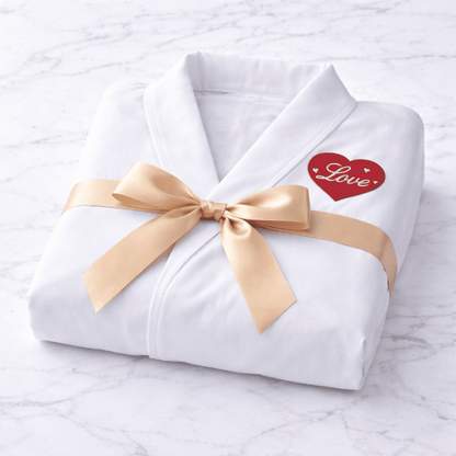 White bathrobe with red heart embroidery, made with premium microfiber. Perfect for hospitality use
