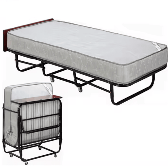 Heavy Duty Mobile Rollaway Folding Bed with spring mattress perfect for hotels and Airbnb.