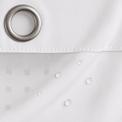 Premium hookless shower curtain with window, 72x86 white lattice fabric, weighted hem and washable design for hospitality bathrooms.
