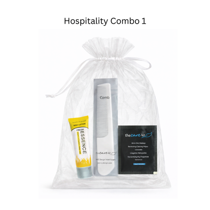 Hospitality combo pack with essence body lotion, make up wipe and a plastic air comb. Perfect for gift and hospitality use.
