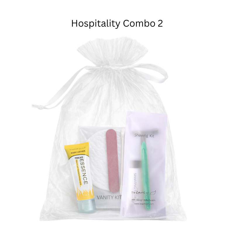 Hospitality Combo with shaving kit, vanity kit and essence body lotion. Perfect for hotels, Airbnb and hospitality use.