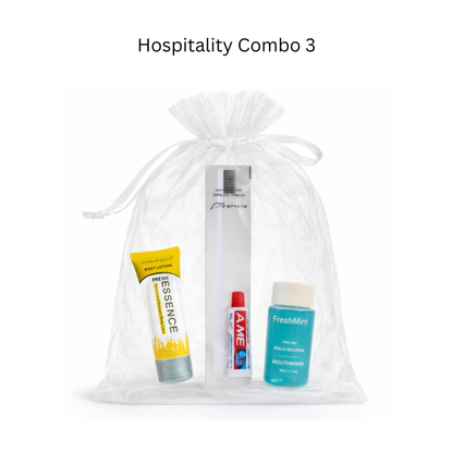 Hospitality combo with dental kit, mouthwash and essence body lotion. Perfect for resort, hotels and Airbnb.