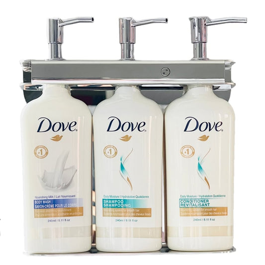 dove shampoo, conditioner and body wash on a liquid amenities holder