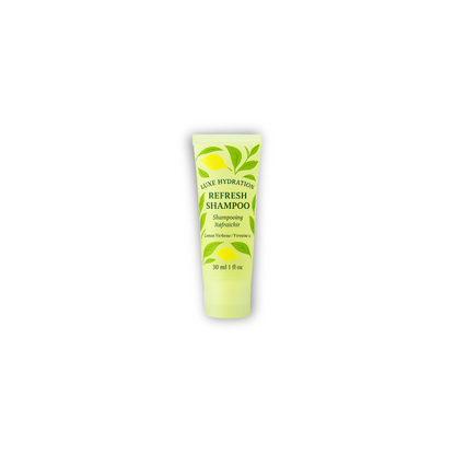 Lemon verbena shampoo in 30ml tube with notes of basil and green tea, perfect for hotel bathrooms and upscale guest care