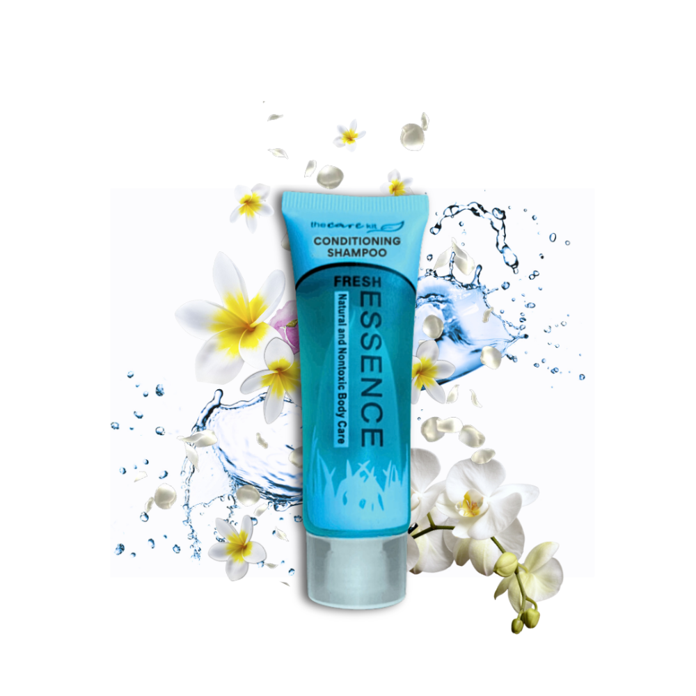 Travel-sized Fresh Essence shampoo with essential oils, refreshing fragrance, ideal for guest bathrooms and personal care