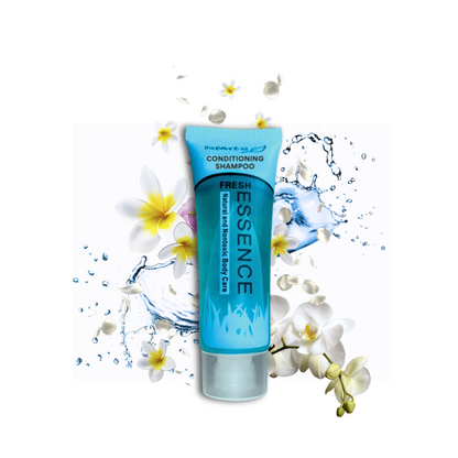 Travel-sized Fresh Essence shampoo with essential oils, refreshing fragrance, ideal for guest bathrooms and personal care