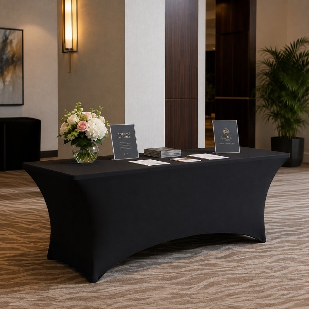 Black stretch spandex table cover styled on an elegant event display table with flowers and décor for parties, weddings and special occasions.