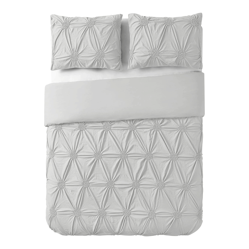 3pc Floral Ruched Duvet Cover Set / Light Gray