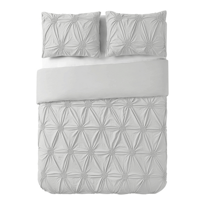 3pc Floral Ruched Duvet Cover Set / Light Gray