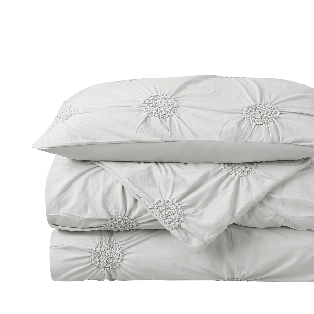 3pc Floral Ruched Duvet Cover Set / Light Grey (closer view).
