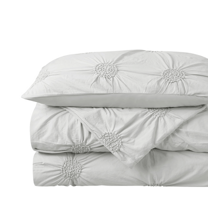 3pc Floral Ruched Duvet Cover Set / Light Grey (closer view).