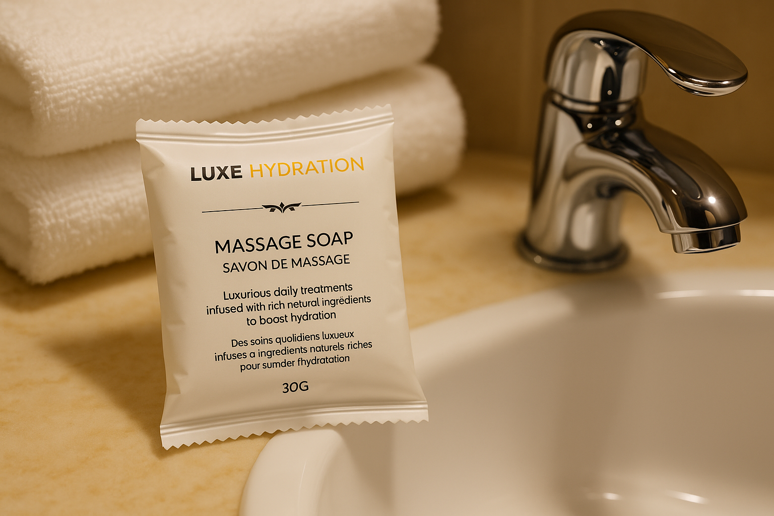 Luxe Massage Soap 30g on warm-toned sink, beautifully wrapped and perfect for guest bathrooms or spa-like Airbnb stays.