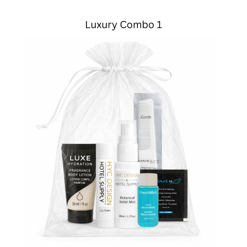 Set of skincare and body care products in a clear drawstring bag labeled 'Luxury Combo 1'.