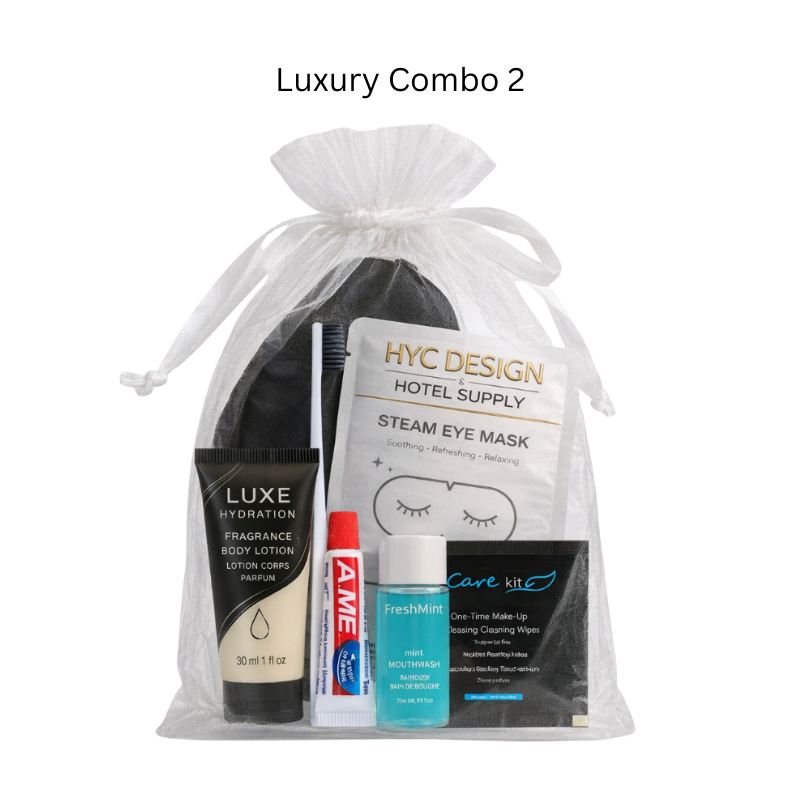 Luxury combo 2 with skincare products in a drawstring bag on a white background