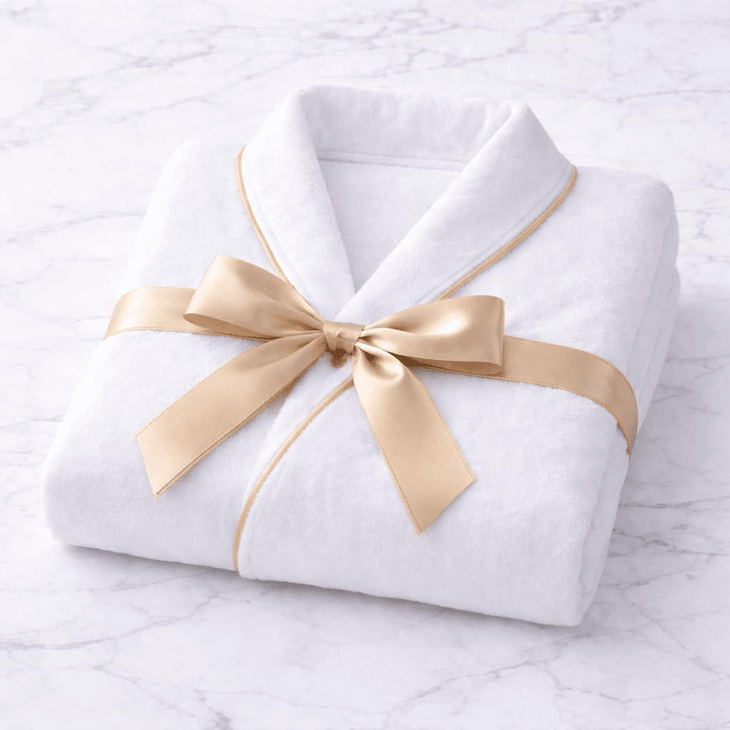 Premium white bathrobe with elegant gold trim, plush hotel spa robe for Airbnb and resort use on marble background.