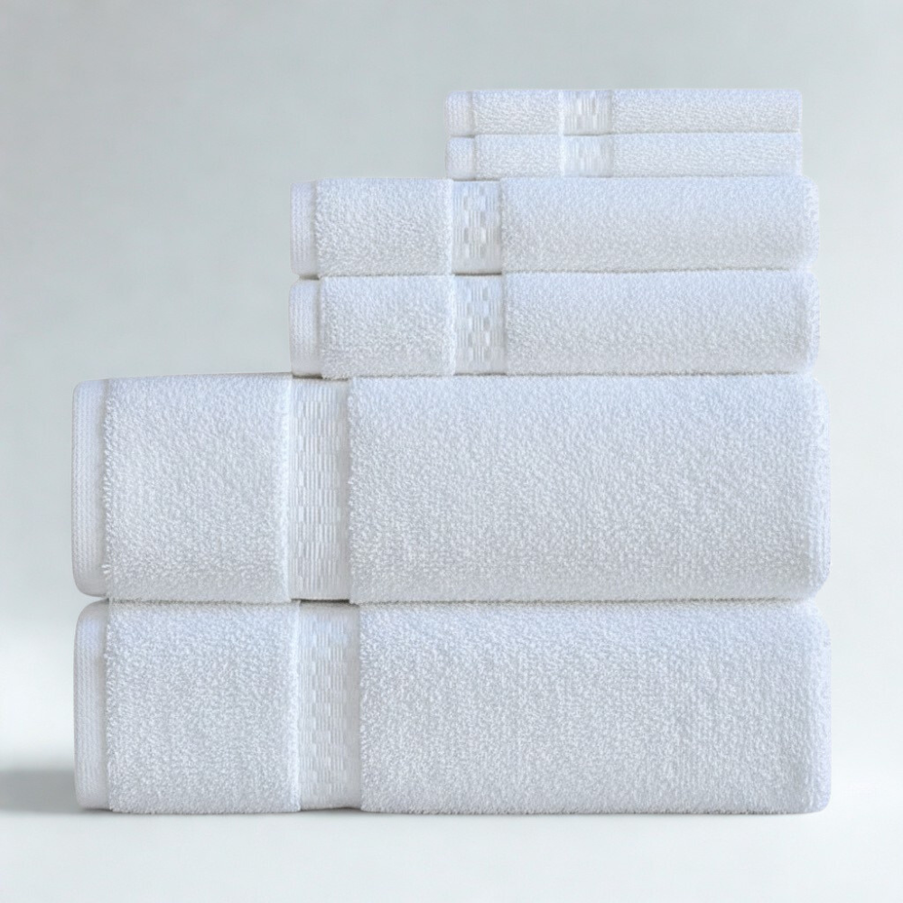 Coordinated towel set featuring bath towel, hand towel, and washcloth for a polished and practical presentation