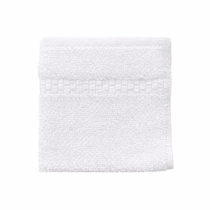 White washcloth displayed flat, highlighting a clean finish, durable weave, and an elegant, hotel-inspired look